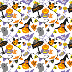 Halloween pattern, ghost, pumpkin, bat, funny halloween party, candy, trick or treat