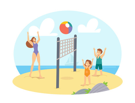 Family Leisure, Vacation. Mother and Children Playing Beach Volleyball on Sea Shore. Happy Characters Summer Competition