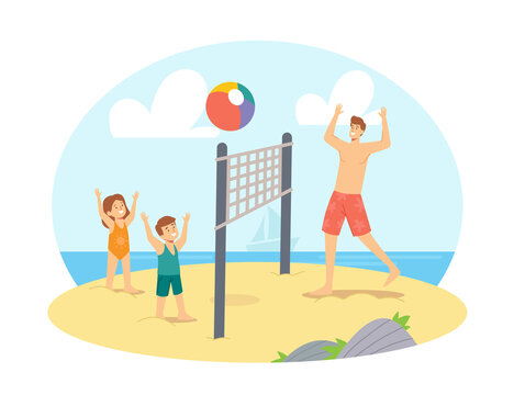 Father and Children Playing Beach Volleyball on Sea Shore. Happy Family Vacation Leisure. Characters Dad and Kids Game