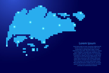 Singapore map silhouette from blue square pixels and glowing stars. Vector illustration.