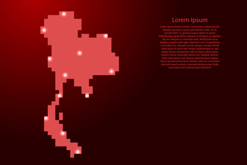 Thailand map silhouette from red square pixels and glowing stars. Vector illustration.