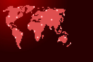 World map silhouette from red square pixels and glowing stars. Vector illustration.