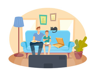 Father and Teenage Son with Pizza and Cat Sitting on Sofa Watching Movie and Laughing. Happy Family Home Cinema