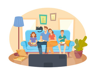 Home Cinema Concept. Happy Family Watching TV and Eating Pizza, Kids and Parents Characters Sitting on Couch in Weekend