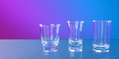 Three 3 Different Shooter or shot glasses in a row, 3d rendered on a colorful party themed background.