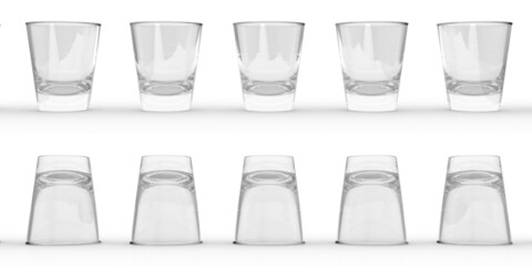 A row of shot glasses or shooter glasses, 3d rendered and isolated on a white background either right way up or up side down © 3DZoneZA