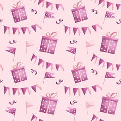 Set of watercolor birthday greetings card design. Vector illustration.