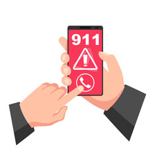 Call 911. Frightened man calling the rescue service. Phone in hand. Call ambulance, firefighters or police. Vector illustration flat design. Isolated on white background.