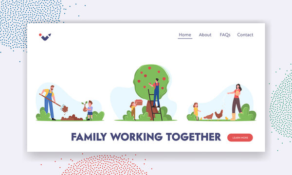 Family Working Together on Farm Landing Page Template. Parents and Kids Gardening Work, Planting Trees, Harvesting