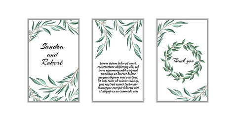 Wedding set of invitation frames flowers, leaves, watercolor isolated on white.