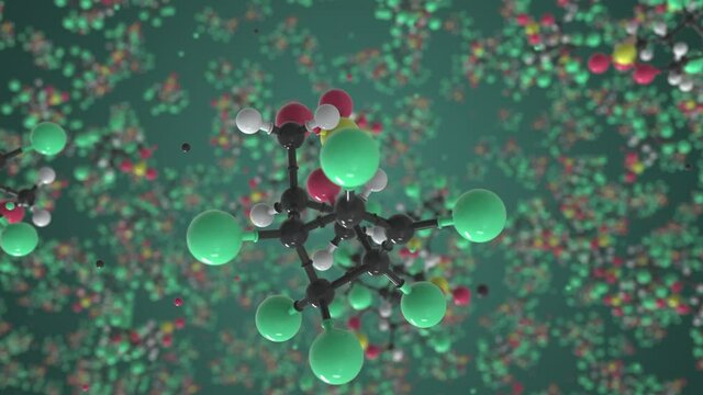 Endosulfan molecule made with balls, scientific molecular model. Chemical looping 3d animation