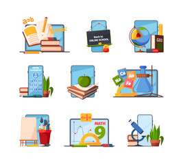 Education tools. Back to school items for distance education smart gadgets of students learning time object commputers notebooks tablets garish vector school collection