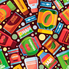 Food pattern. Canned grocery products pictures for textile design seamless background garish vector illustration