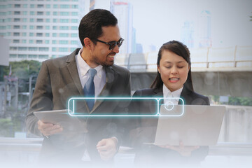 Search bar of internet browser and businessman working on modern laptop. Business and teamwork...