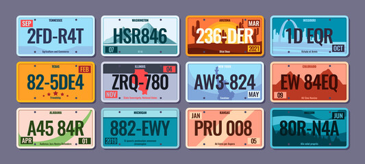 Car plates. Steel vehicle license numbers for usa regions colorado america texas info schemes with numbers and letters garish vector picture templates - obrazy, fototapety, plakaty