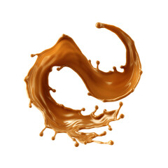 3d render, wavy shape liquid caramel splash, toffee or nougat cooking ingredient, splashing maple syrup. Clip art isolated on white background.