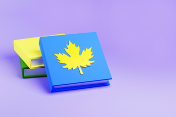 Bright stack of blue and yellow books with yellow maple leaf on the cover, 3d render