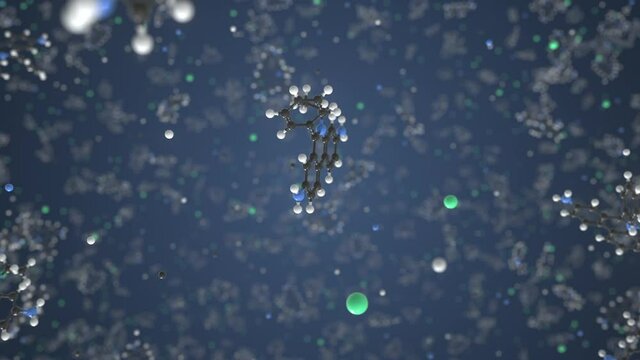Ethidium bromide molecule, conceptual molecular model. Chemical looping 3d animation