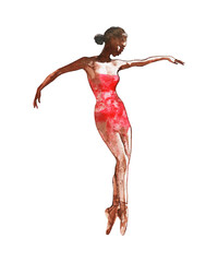 Watercolor African gymnast girl. Hand drawn young dancer in red dress. Painting illustration on white background. - 453899369