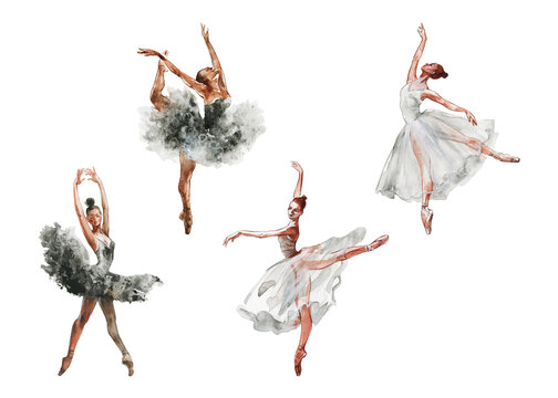 Watercolor isolated dancing ballerinas. Hand drawn classic ballet performance, poses. Painting set of young women in black and white dresses.