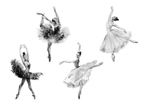 Watercolor isolated dancing ballerinas. Hand drawn classic ballet performance, poses. Painting set of young women on white background.