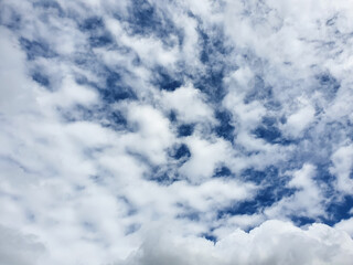 White clouds in blue sky daylight. Natural sky background, copy space, pattern, wallpaper