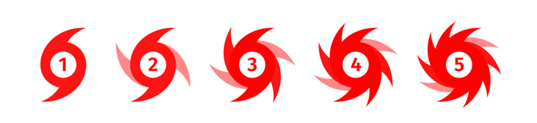 Vector illustration - set of hurricane scale indication icons. Symbolic display of wind force in a hurricane. Design of warning signs about the strength of a natural disaster