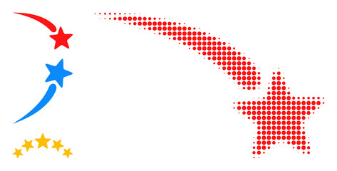 Halftone falling star. Dotted falling star designed with small circle dots. Vector illustration of falling star icon on a white background. Halftone pattern contains circle pixels.