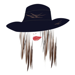 Lady in a hat, image, head, strokes, brushstroke, red lips - drawing, art - vector. Fashion.