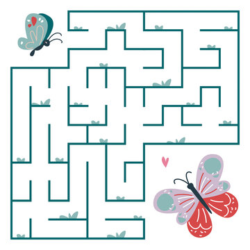 Square simple maze with two butterflies. Children s mini-game on paper is hand-drawn in the style of Scandinavian minimalism. Vector illustration with educational task for preschoolers. Labyrinth