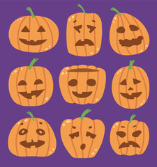 Halloween pumpkins set. Hand drawn vector illustrations isolated on purple. Pumpkins faces.