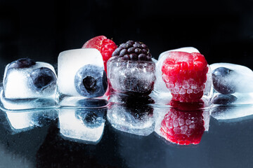 Close up of raspberries, blueberries and blackberries frozen in ice cubes on black background and...
