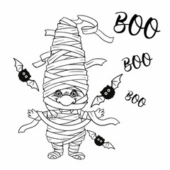 Gnome mummy for halloween linea, pumpkin Spider web and spider, trick or treat, design for thanksgiving day, cartoon spooky dwarf Vector line art for printable greeting cards and coloring pages
