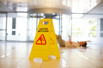 Businessman slipping on wet office floor