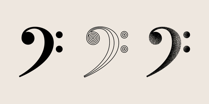 F clef, bass music symbol. Set of vector illustration, EPS 10. Silhouette, line and grunge design