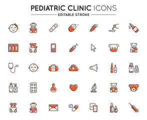 Outline colorful icons set. Pediatric hospital clinic and medical care. Editable stroke. Vector.