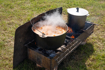 Food is cooked in a cauldron. Firewood is burning under it.