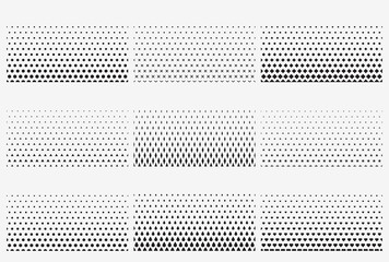 Collection of halftone gradient pattern, Circle, square, hexagon, cross. Vector illustration isolated on white background. Web design template graphic border