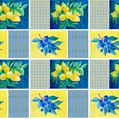 Watercolor pattern with a branch of lemons and blueberries for tablecloth or packaging in a cafe