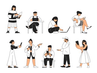 People using gadgets. Woman phone typing message, mobile talking. Girl doing selfie, adults work with laptop. Smart characters recent vector set