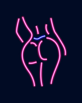 Neon silhouette of girl isolated on dark background.