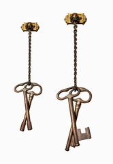 Large ancient keys hanging on chains isolated on white