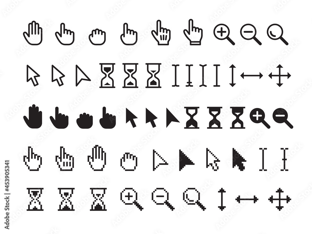 Fototapete pointer cursor icon. sign pointers, computer web hand and arrows. click mouse symbols, black search,