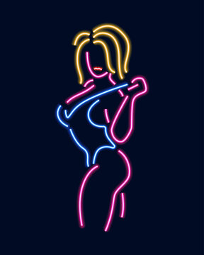 Neon silhouette of girl isolated on dark background.