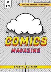 Comic poster template. Art comics book cover, blank retro magazine card. Flyer or brochure with cartoon cloud and 3d letters decent vector element