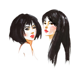 Watercolor young beatiful Asian women. Hand drawn female fashion portrait. Painting realistic illustration on white background.