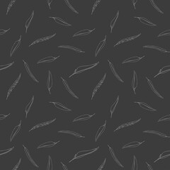 Vector seamless white doodles flying, soaring feathers on grey background. Endless gentle autumn hand-drawn ornament for gift paper, textile, scrapbooking, wrapping.