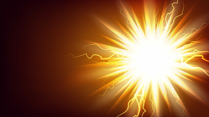 Lightning Light Explosion Banner Copy Space Vector. Abstract Electric Lightning Shock Advertising Poster. Electricity Glowing Shiny Sphere Marketing Template Style Color Illustration