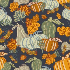Seamless vector pattern of decorative autumn botanicals pumpkins and leaves in pastel orange and green tones