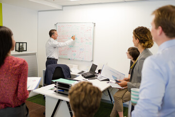 Obraz premium Businessman drawing on whiteboard in meeting